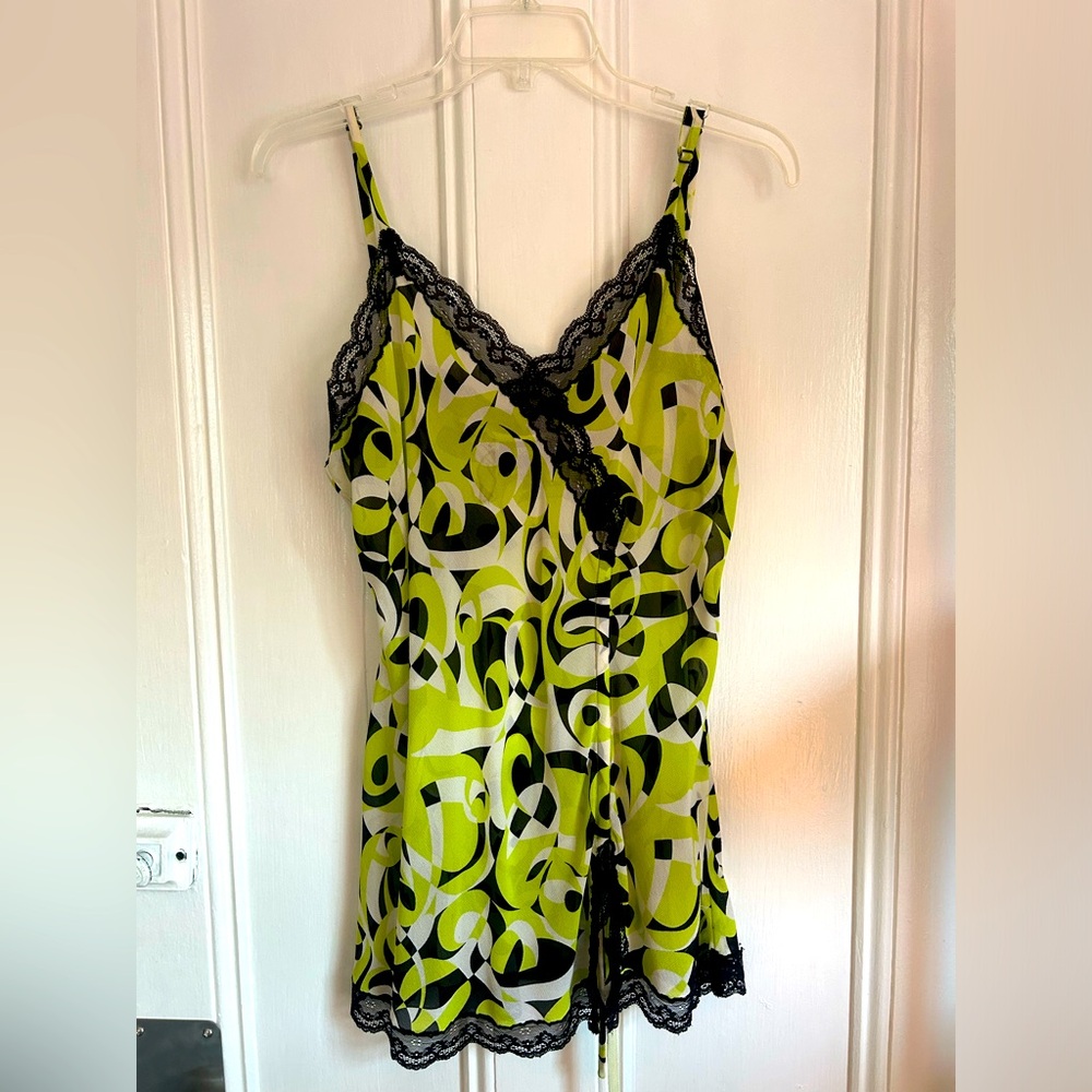 Ideology Sheer Black and Green Patterned Sleeveless Blouse with Black Lace, XL